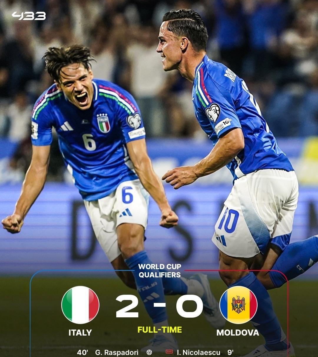 意大利国家队在比赛中凭借进球击败对手